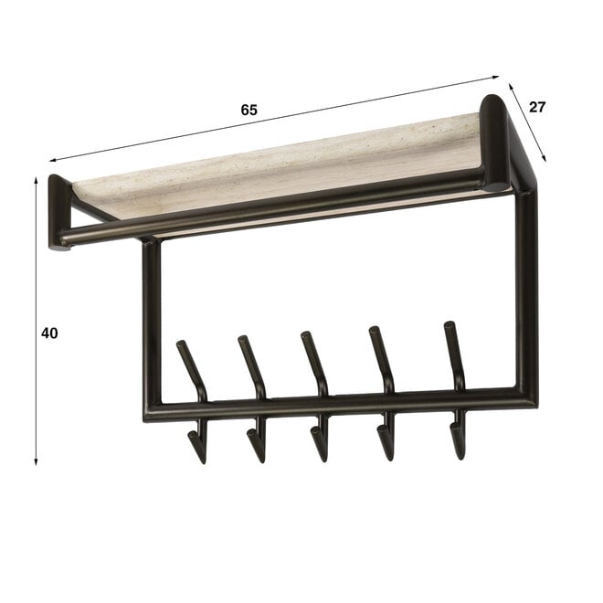 Kapstok Terra roede en hoedenplank 2x5 haken 65cm / Melamine travertine