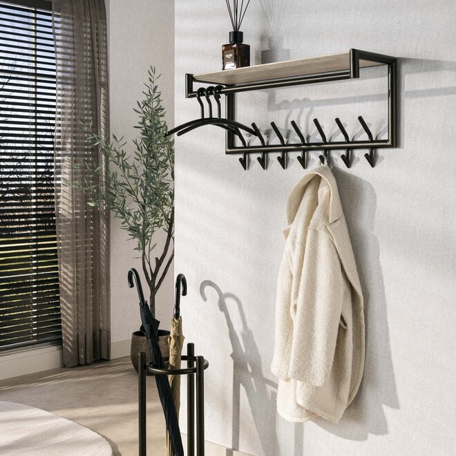 Kapstok Terra roede en hoedenplank 2x7 haken 85cm / Melamine travertine