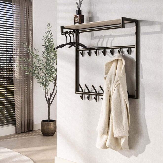 Kapstok Terra hoog roede en hoedenplank 3x7 haken / Melamine travertine