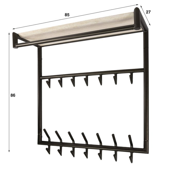 Kapstok Terra hoog roede en hoedenplank 3x7 haken / Melamine travertine