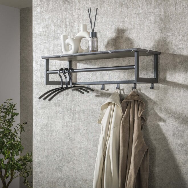Kapstok Tenaro roede en hoedenplank 6 haken / 3D melamine graphite