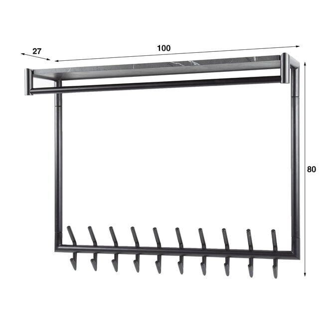 Kapstok Tenaro hoog roede en hoedenplank 2x10 haken / 3D melamine graphite