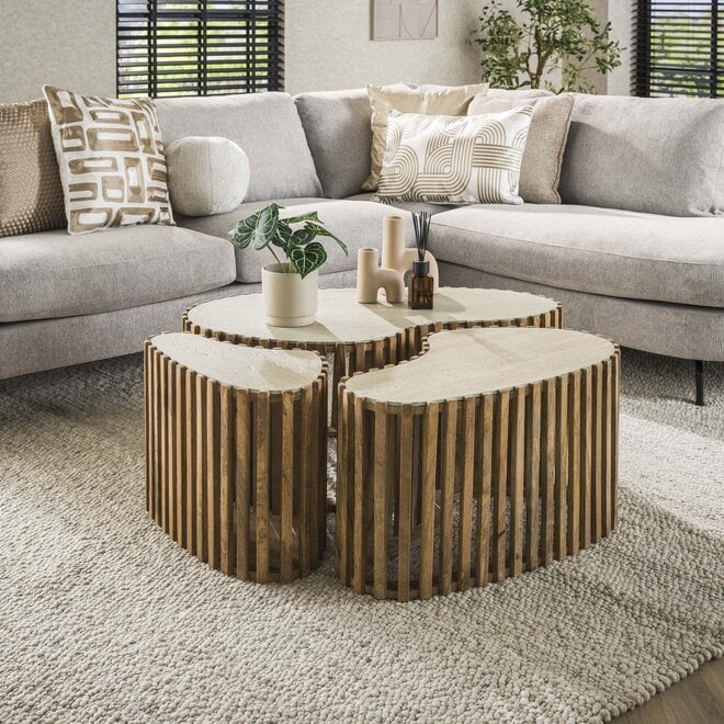 Salontafel Nuovo niervormig set van 3 / Massief mango zand