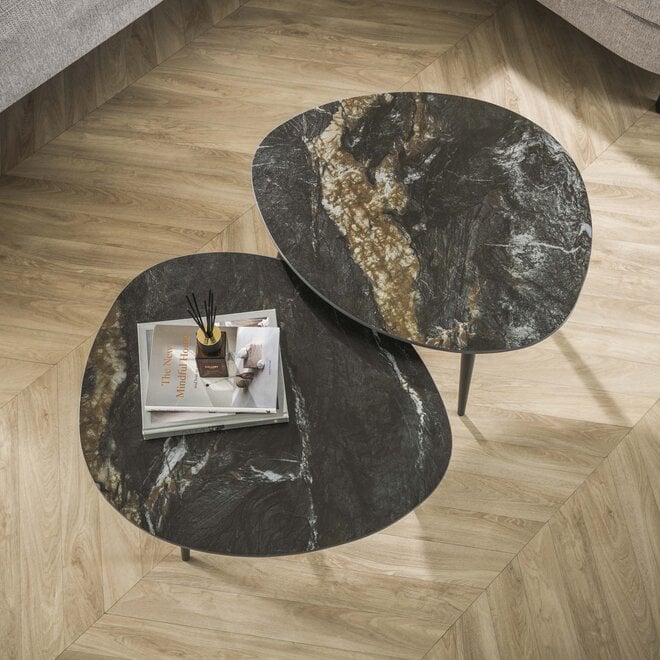 Salontafel Fossil organisch set van 2 / Keramiek fossil black