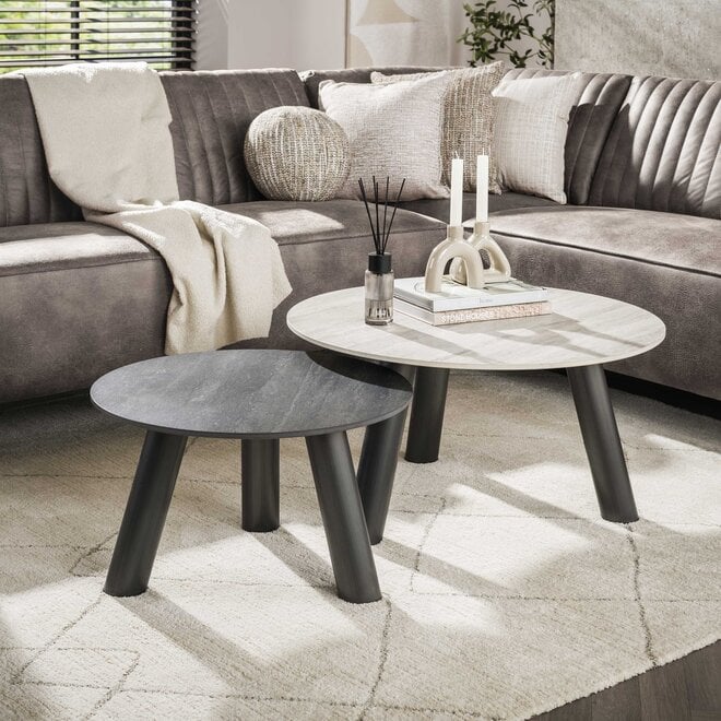 Salontafel Twin rond set van 2 / 3D keramiek travertin zwart/grijs