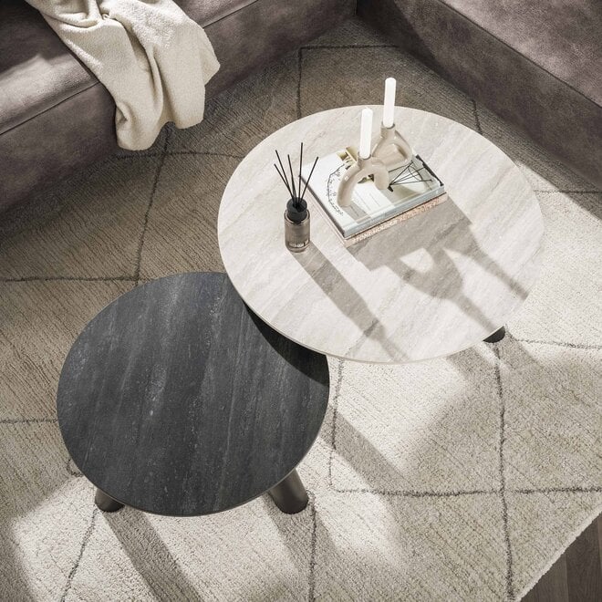 Salontafel Twin rond set van 2 / 3D keramiek travertin zwart/grijs