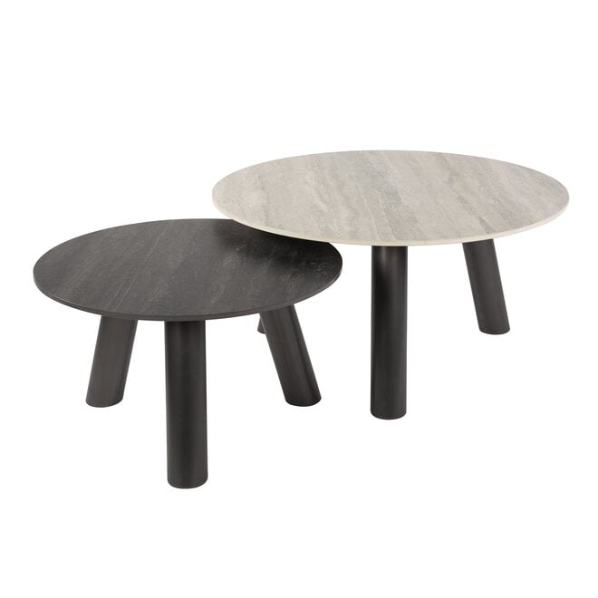 Salontafel Twin rond set van 2 / 3D keramiek travertin zwart/grijs