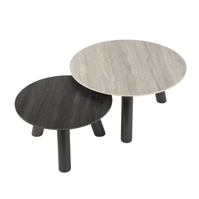 Salontafel Twin rond set van 2 / 3D keramiek travertin zwart/grijs