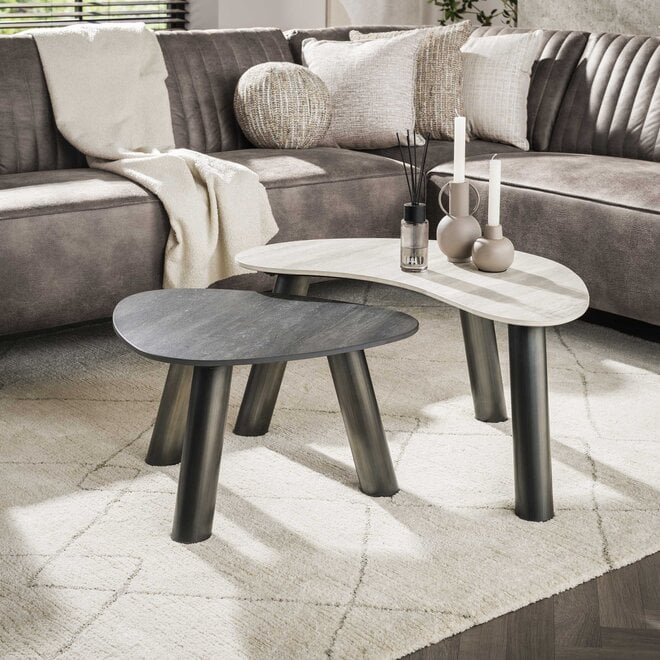 Salontafel Twin organisch set van 2 / 3D keramiek travertin zwart/grijs