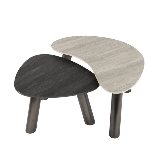 Salontafel Twin organisch set van 2 / 3D keramiek travertin zwart/grijs