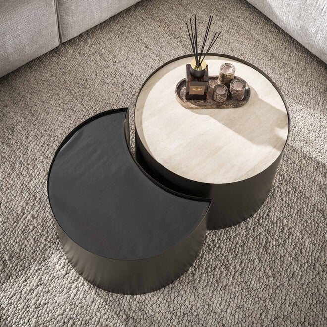 Salontafel Metal half moon set van 2 / 3D keramiek travertin