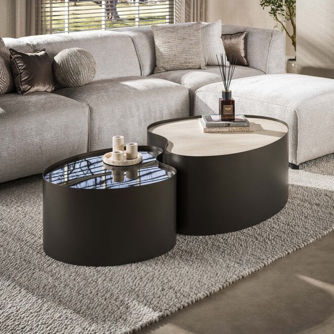 Salontafel Metal organisch set van 2 / 3D keramiek travertin