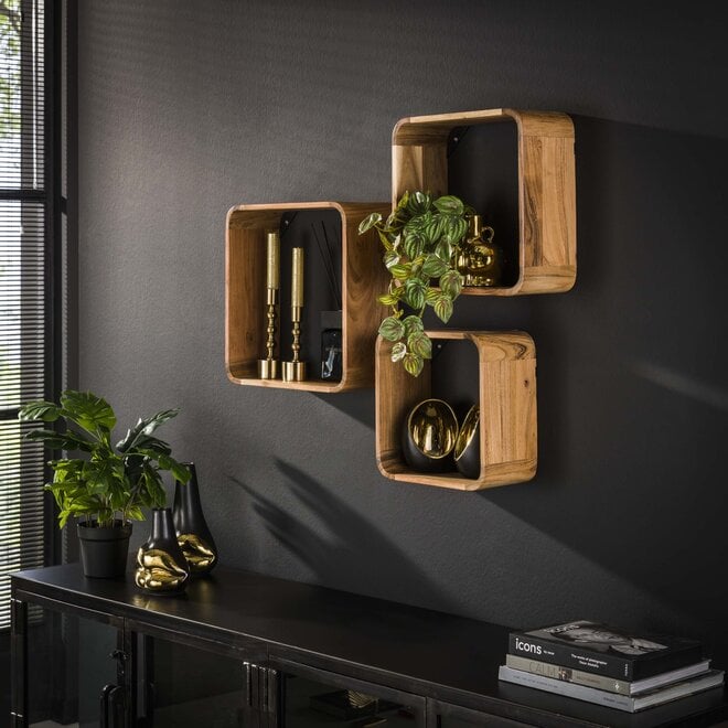 Wandschap Box set van 3 / Massief acacia