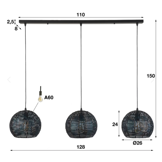 Hanglamp 3x Ø26 armor half rond / Zwart bruin