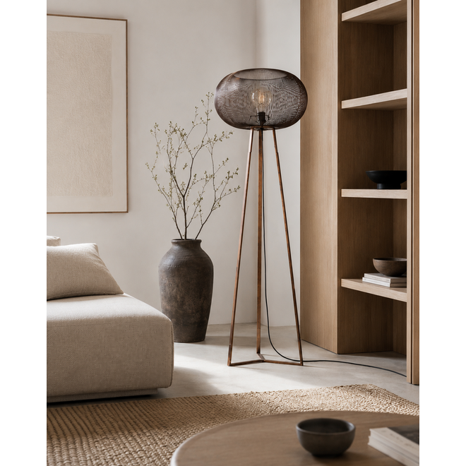 Vloerlamp 3-poot copper twist / Zwart nikkel