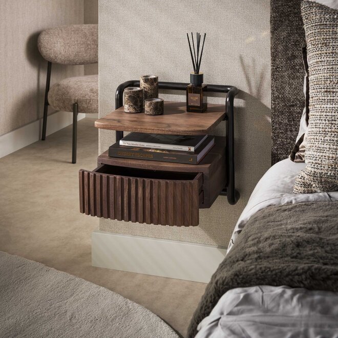 Nachtkastje Linea zwevend 1 lade / Massief acacia bruin