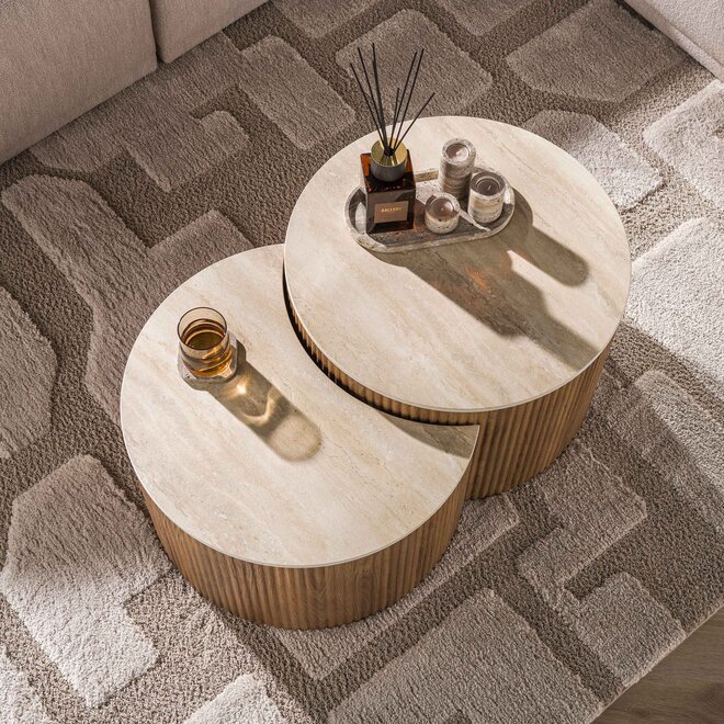 Salontafel Ceramo half rond set van 2 / 3D keramiek travertin