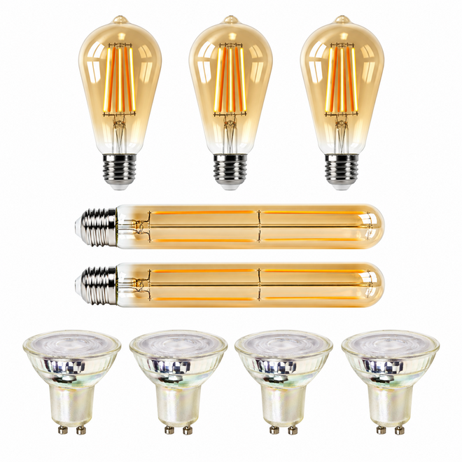 3x druppel-lichtbron + 2x buis-lichtbron + 4x GU10-lichtbron
