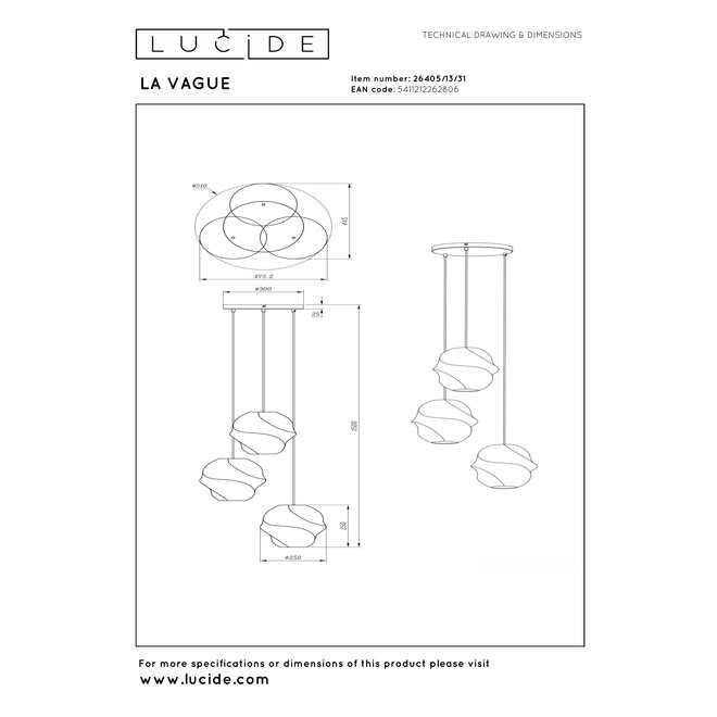 LA VAGUE - Hanglamp - Ø 51 cm - 3xE27 - Wit - Essential