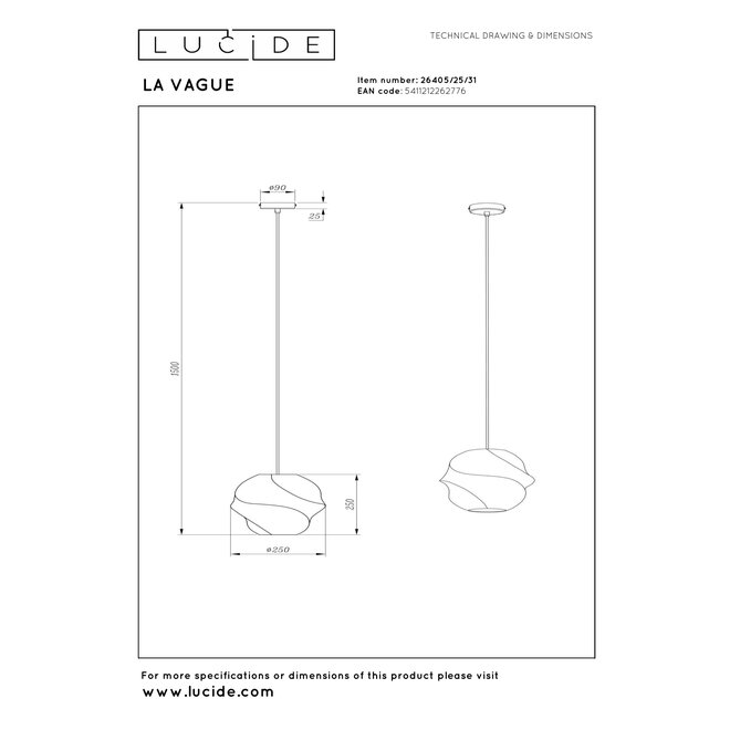 LA VAGUE - Hanglamp - Ø 25 cm - 1xE27 - Wit - Essential
