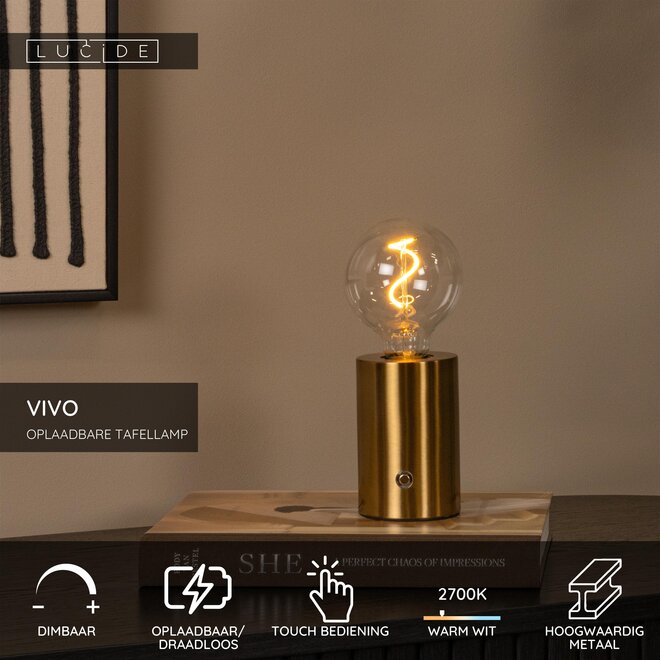 VIVO - Oplaadbare Tafellamp - Accu/Batterij - Ø 8 cm - LED Dimb. - E27 - 1x1W 2700K - Mat Goud / Messing