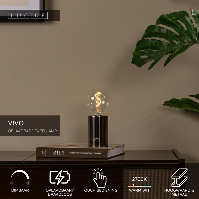 VIVO - Oplaadbare Tafellamp - Accu/Batterij - Ø 8 cm - LED Dimb. - E27 - 1x1W 2700K - Mat zwart chroom