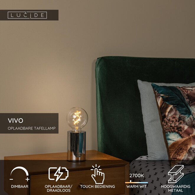 VIVO - Oplaadbare Tafellamp - Accu/Batterij - Ø 8 cm - LED Dimb. - E27 - 1x1W 2700K - Chroom