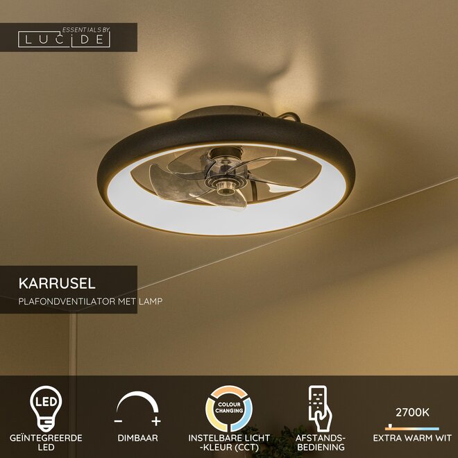 KARRUSEL - Plafondventilator met lamp - Ø 48 cm - LED Dimb. - CCT - 1x36W 2200K/2700K/3000K - Zwart - Essential