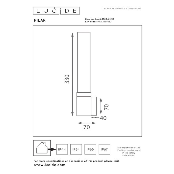 PILAR - Wandlamp Binnen/Buiten - 1xE27 - IP54 - Zwart - Essential