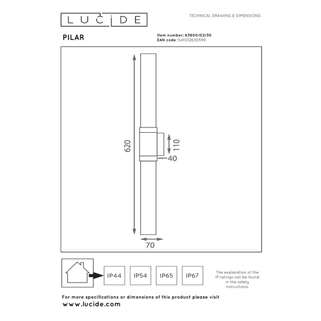 PILAR - Wandlamp Binnen/Buiten - 2xE27 - IP54 - Zwart - Essential