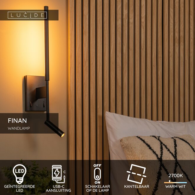FINAN - Wandlamp - LED - 2700K - Met USB oplaadpunt - Zwart