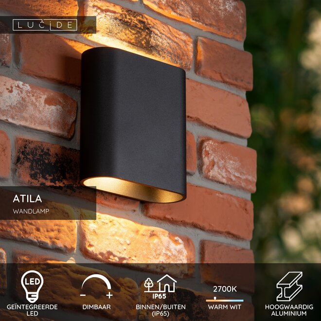 ATILA - Wandlamp Binnen/Buiten - LED Dimb. - 2x5W 2700K - IP65 - Zwart