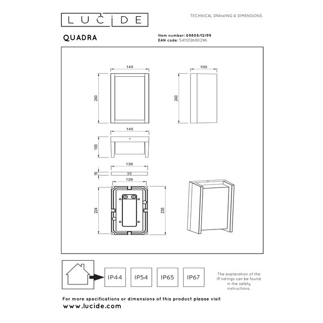 QUADRA - Smart Wandlamp Binnen/Buiten - LED - RGBCW - 1x11W 2700K/6500K - IP65 - Zwart | Essential