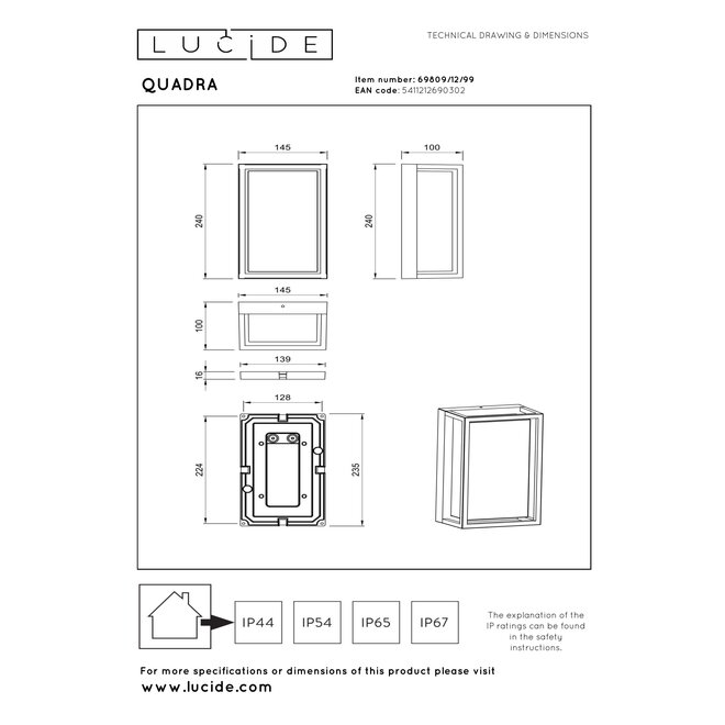 QUADRA - Smart Wandlamp Binnen/Buiten - LED - RGBCW - 1x11W 2700K/6500K - IP65 - Zwart | Essential