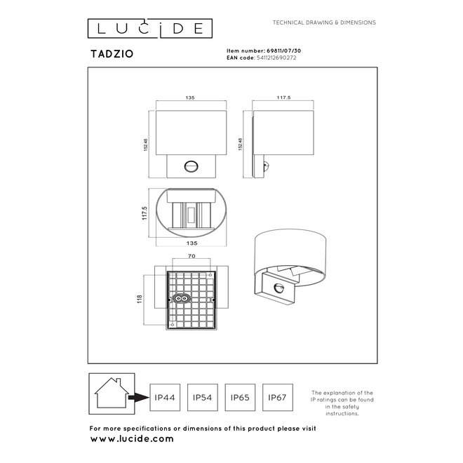 TADZIO - Wandlamp Binnen/Buiten - LED - CCT - 1x7W 2700K/4000K - IP65 - Bewegingssensor - Zwart - Essential
