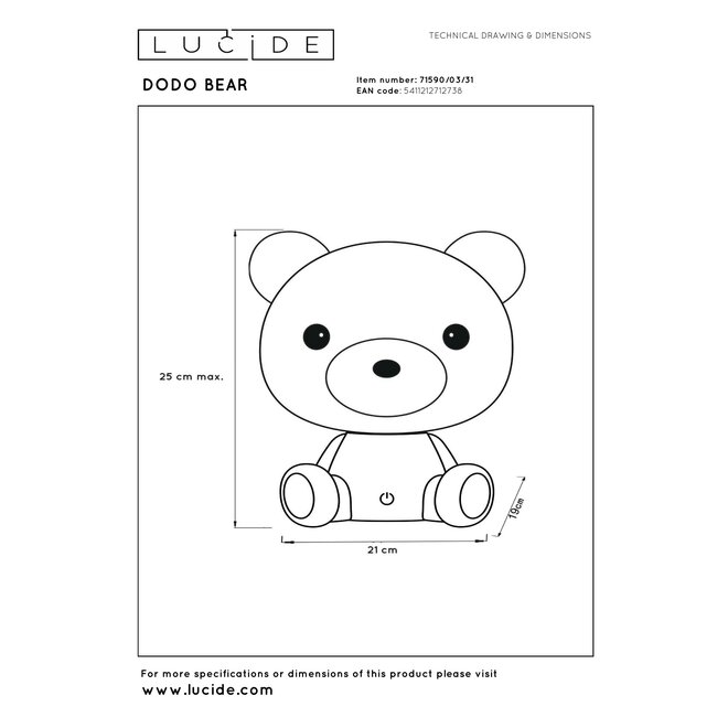 DODO BEAR - Nachtlamp Kinderkamer - LED 3 StepDim - 1x3W 4000K - Wit
