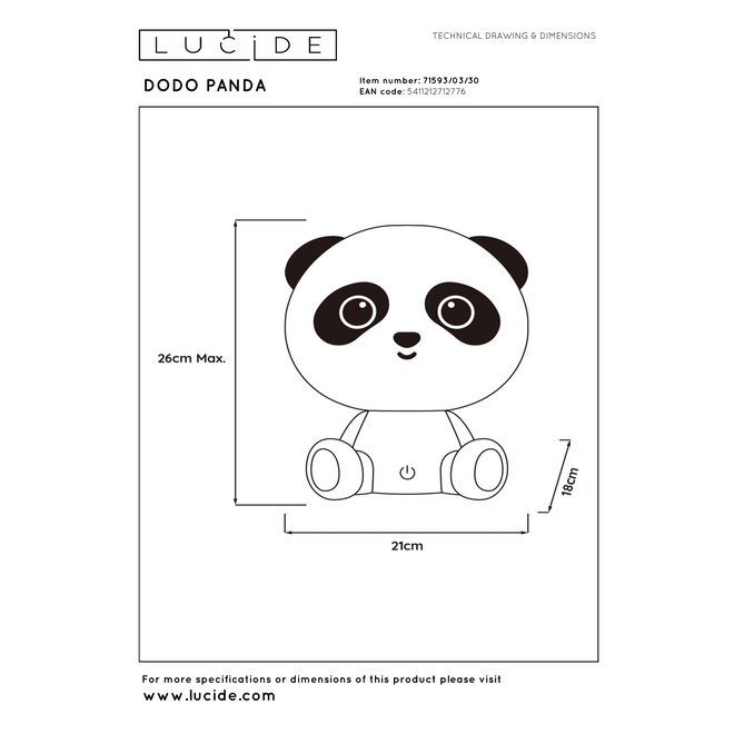 DODO PANDA - Nachtlamp Kinderkamer - LED 3 StepDim - 1x3W 4000K - Zwart