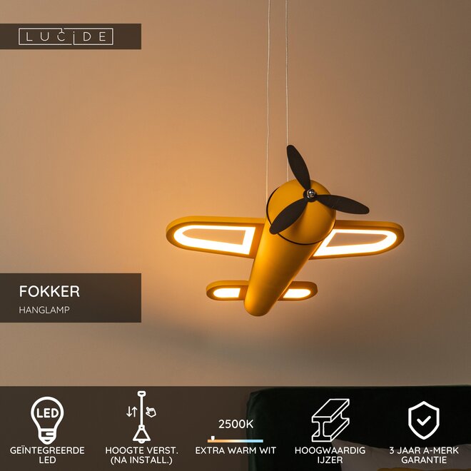 FOKKER - Hanglamp Kinderkamer - LED - 1x28W 2500K - Geel