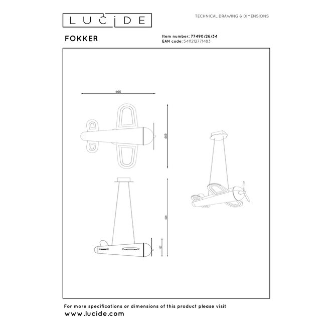 FOKKER - Hanglamp Kinderkamer - LED - 1x28W 2500K - Geel