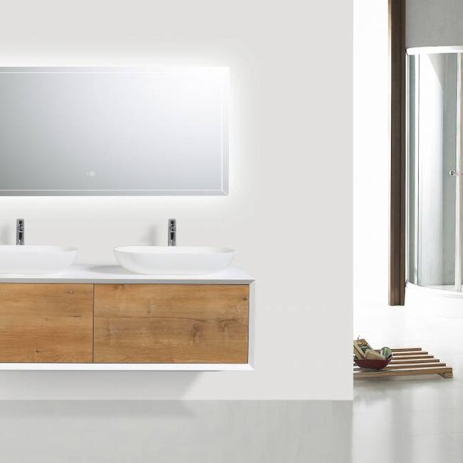 Como LECCO, Badkamermeubel  set 140 cm  eiken kleur-mat wit + Led spiegel+ 2 mineraal gegoten waskommen