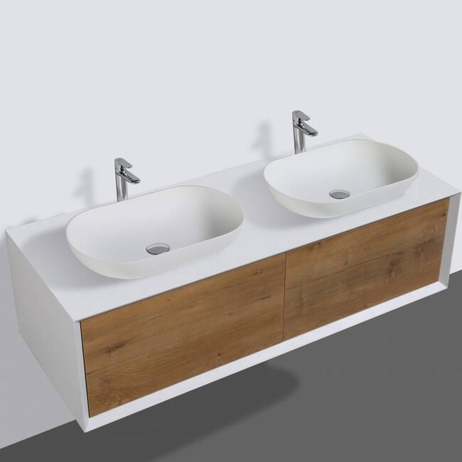 Como LECCO, Badkamermeubel  set 140 cm  eiken kleur-mat wit + Led spiegel+ 2 mineraal gegoten waskommen