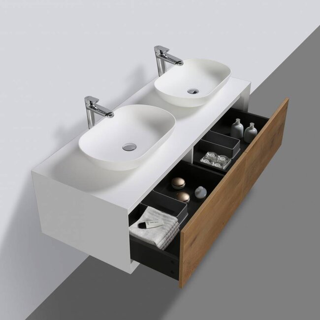 Como LECCO, Badkamermeubel  set 140 cm  eiken kleur-mat wit + Led spiegel+ 2 mineraal gegoten waskommen