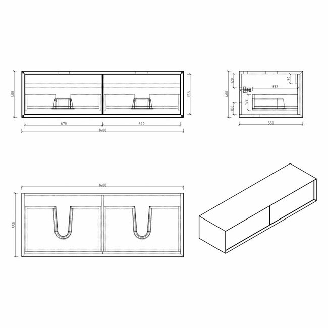 Como LECCO, Badkamermeubel  set 140 cm  eiken kleur-mat wit + Led spiegel+ 2 mineraal gegoten waskommen