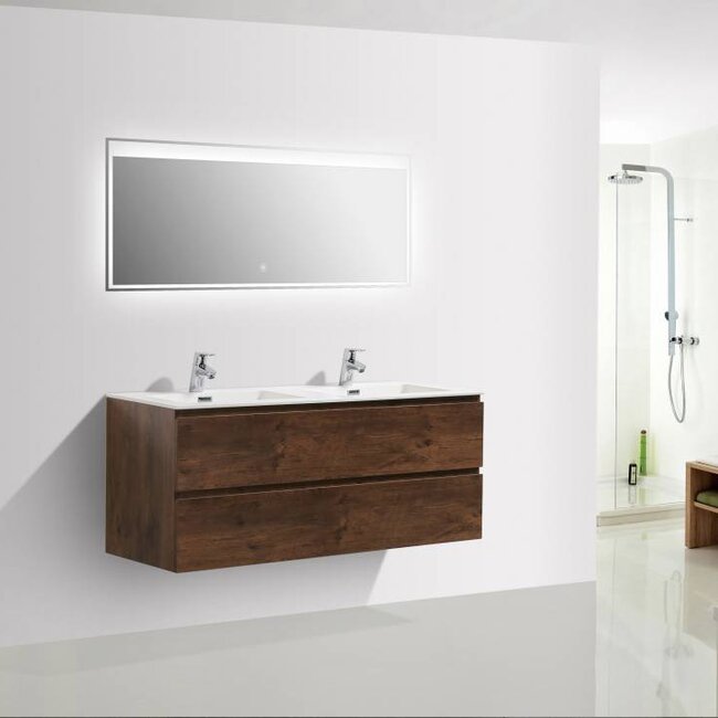 Sanitear 120 cm badkamermeubel set , donker eiken , dubbele wasbak en led spiegel