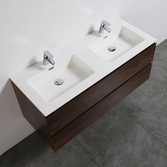 Sanitear 120 cm badkamermeubel set , donker eiken , dubbele wasbak en led spiegel