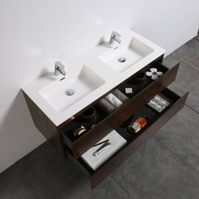 Sanitear 120 cm badkamermeubel set , donker eiken , dubbele wasbak en led spiegel