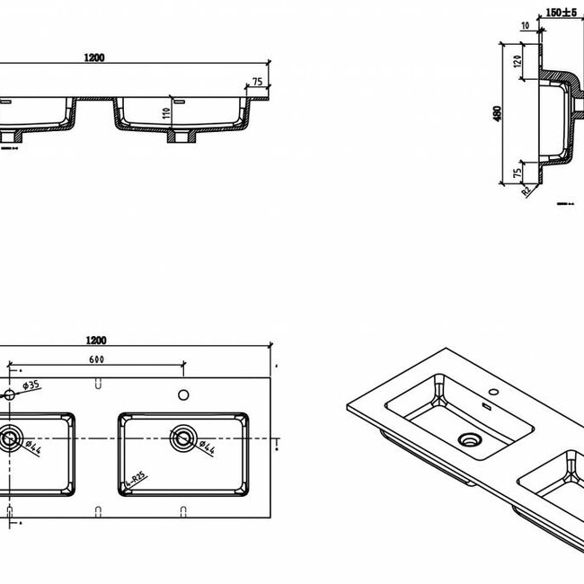Sanitear 120 cm badkamermeubel set , donker eiken , dubbele wasbak en led spiegel