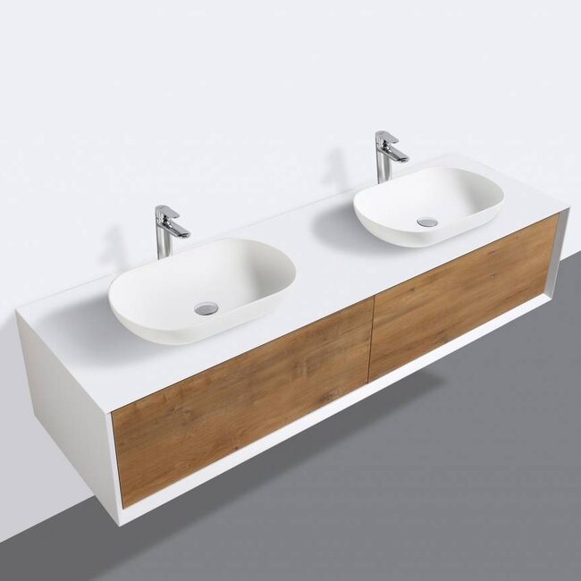 Como COMO LECCO, Badkamermeubel  set 180 cm  eiken kleur -mat wit + Led spiegel+ 2 mineraal gegoten waskommen