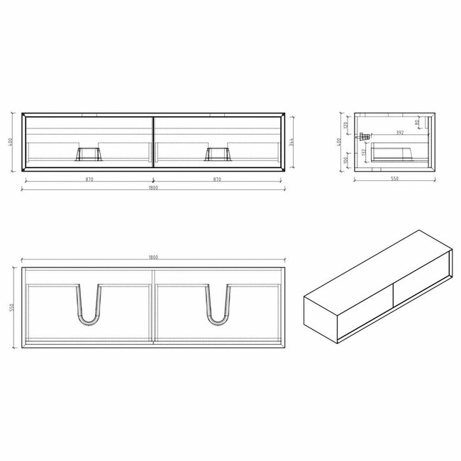 Como COMO LECCO, Badkamermeubel  set 180 cm  eiken kleur -mat wit + Led spiegel+ 2 mineraal gegoten waskommen