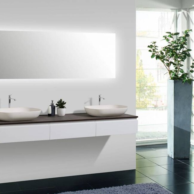 Como Badkamermeubel  set 180 cm  mat wit-eiken + Led spiegel+ 2 mineraal gegoten waskommen